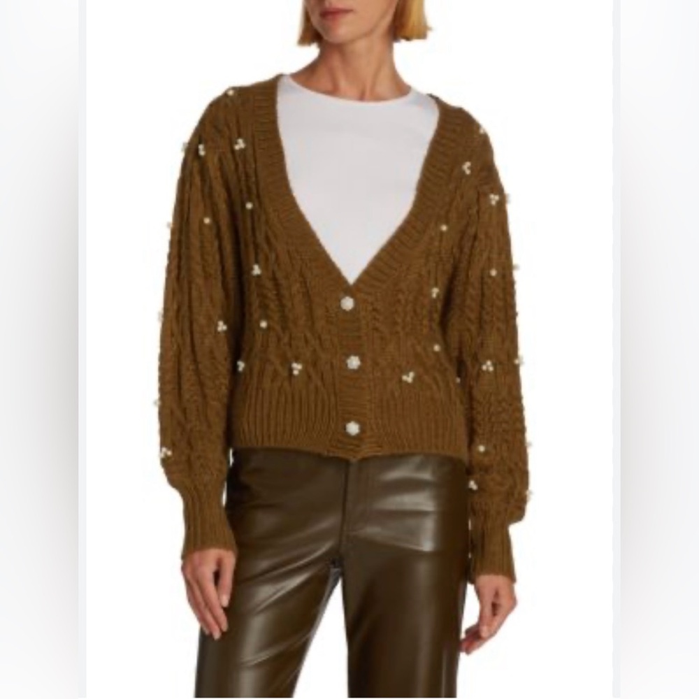 Saks Pearl Cardigan En Saison Ginnie Embellished Brown sweater pearls $102